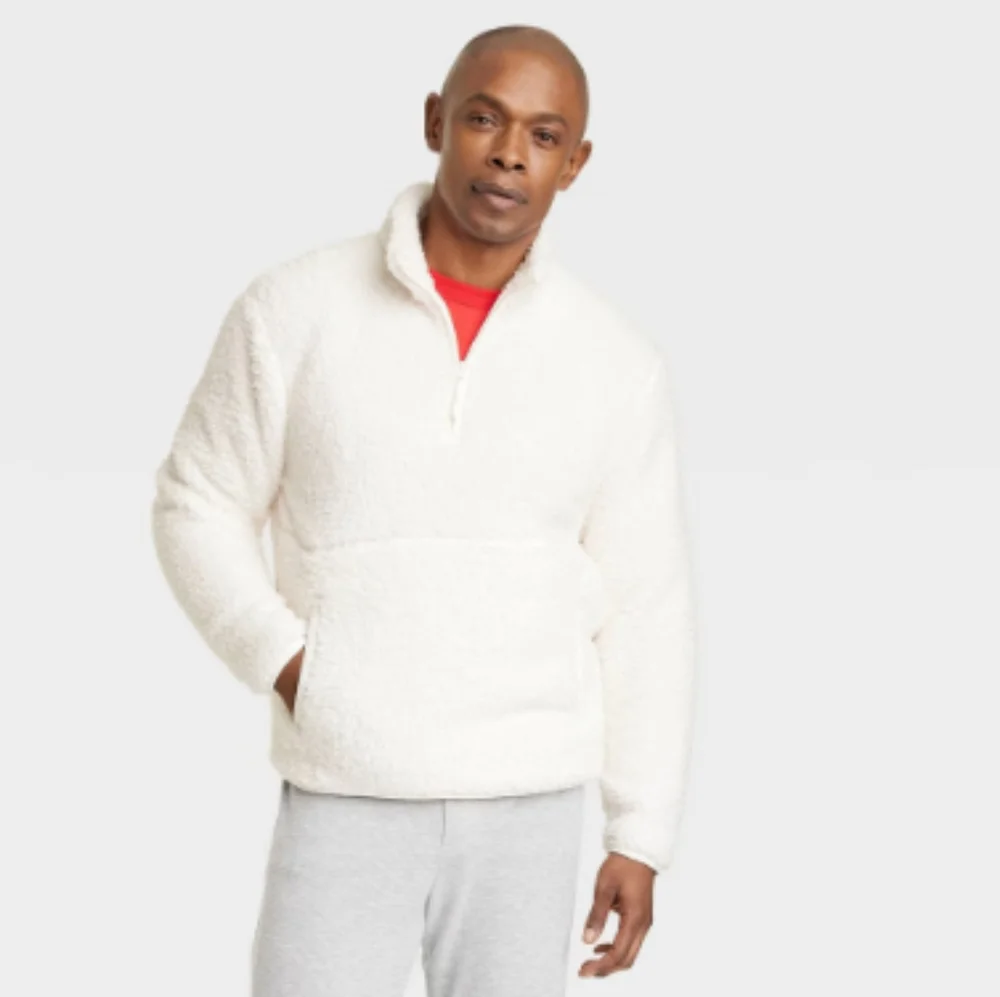 NEW! Men's Faux Shearling Sherpa Half Zip-Up Sweatshirt Pullover, White - Picture 1 of 14